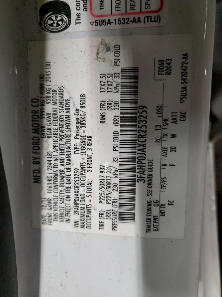 2012 Ford Fusion VIN 3FAHP0JAXCR253259 Copart auction photo, front end / side damage thumbnail 12