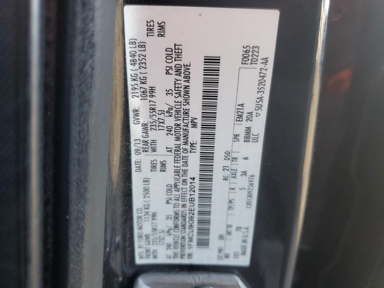2014 Ford Escape VIN 1FMCU9G92EUB12014 Copart auction photo, side / rear end damage thumbnail 13