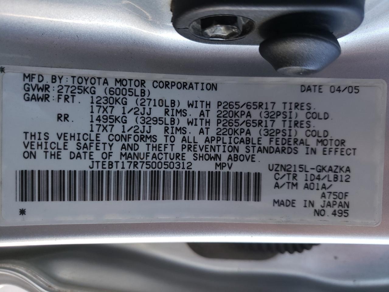 2005 Toyota 4Runner VIN JTEBT17R750050312 Copart auction photo, undercarriage / hail damage thumbnail 13
