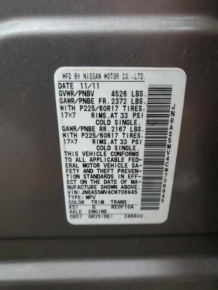 2012 Nissan Rogue VIN JN8AS5MV4CW706945 Copart auction photo, front end / undercarriage damage thumbnail 12