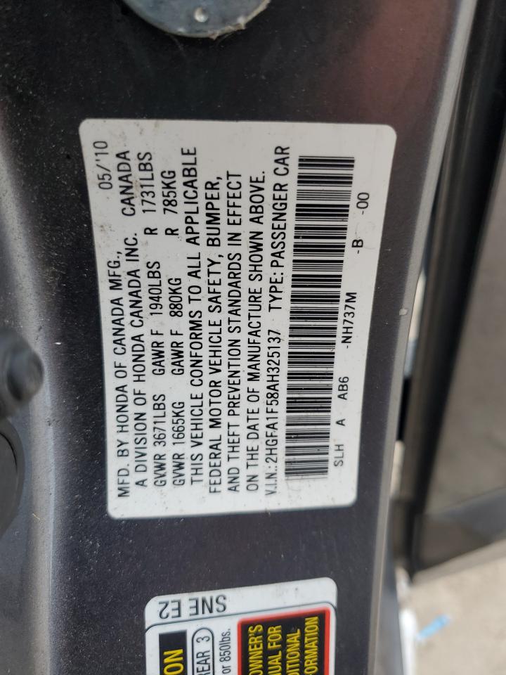 2010 Honda Civic VIN 2HGFA1F58AH325137 Copart auction photo, front end / side damage thumbnail 15