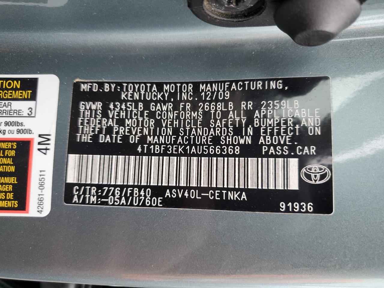 2010 Toyota Camry VIN 4T1BF3EK1AU566368 Copart auction photo, rear end damage thumbnail 12