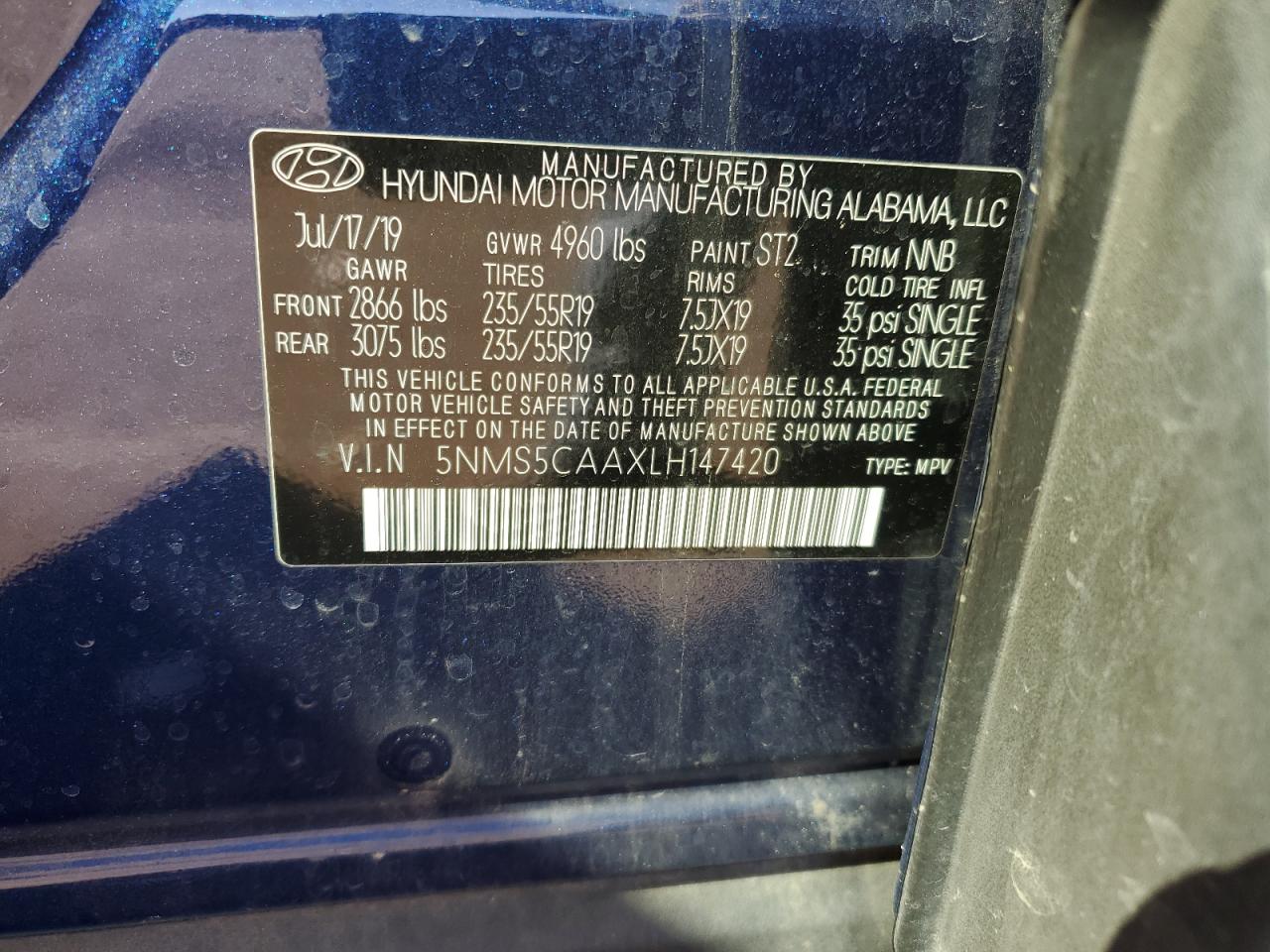 2020 Hyundai Santa Fe VIN 5NMS5CAAXLH147420 Copart auction photo, rear end damage thumbnail 12