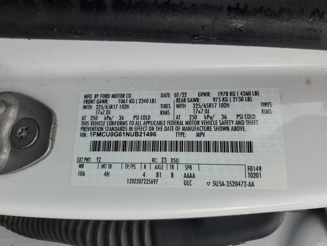 2022 Ford Escape VIN 1FMCU0G61NUB21496 Copart auction photo, rear end / front end damage thumbnail 14