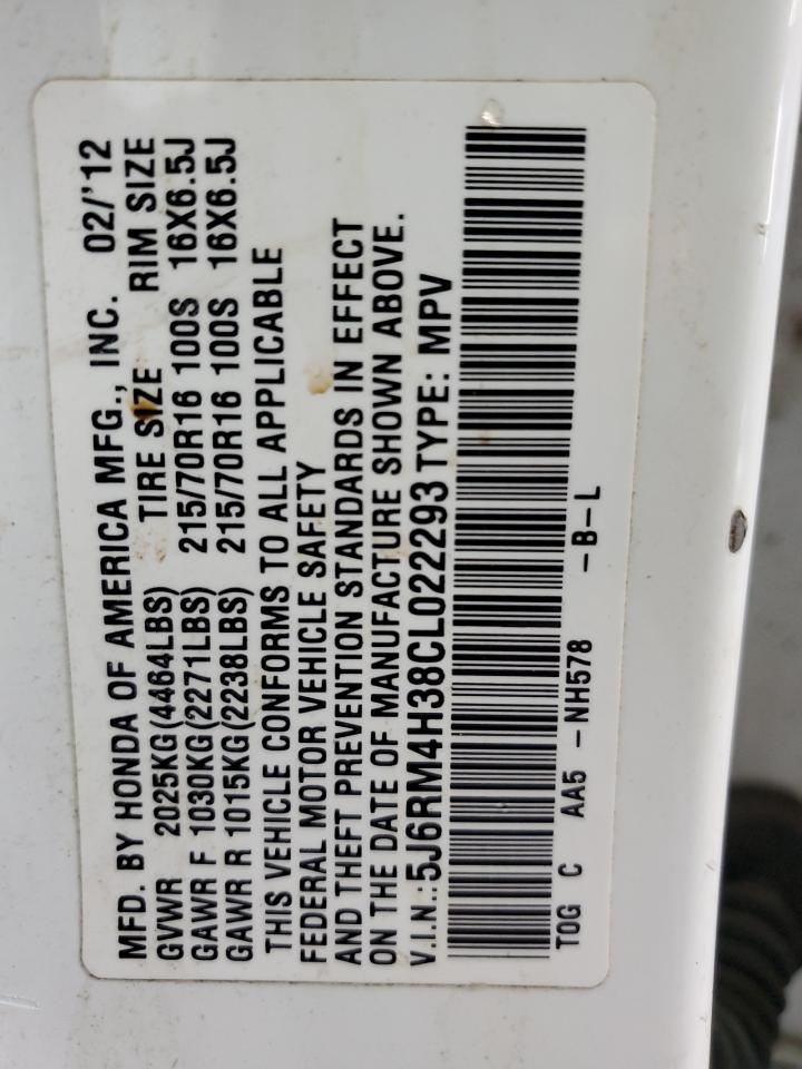 2012 Honda CR-V VIN 5J6RM4H38CL022293 Copart auction photo, rear end damage thumbnail 13
