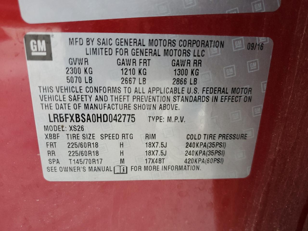 2017 Buick Envision VIN LRBFXBSA0HD042775 Copart auction photo, front end damage thumbnail 14