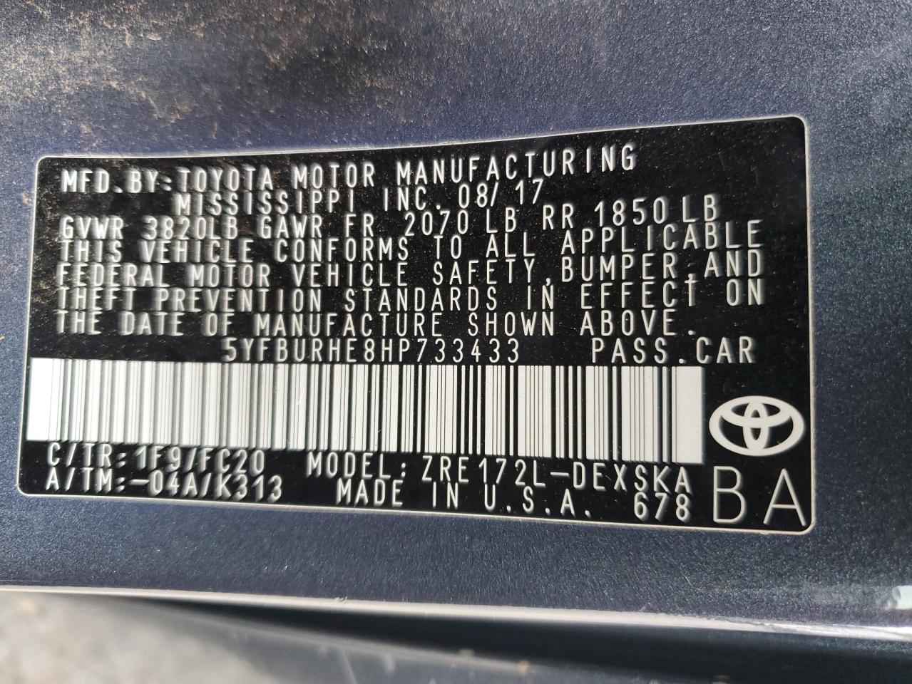 2017 Toyota Corolla VIN 5YFBURHE8HP733433 Copart auction photo, all over damage thumbnail 15