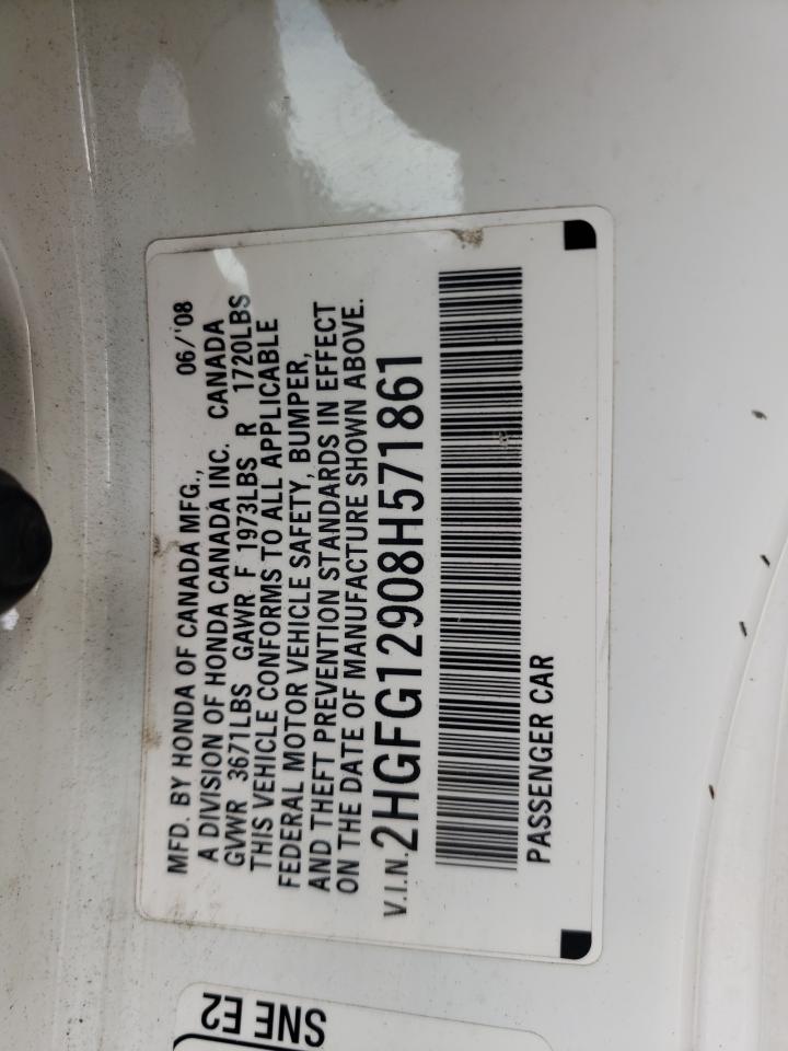 2008 Honda Civic VIN 2HGFG12908H571861 Copart auction photo, all over / undercarriage damage thumbnail 10