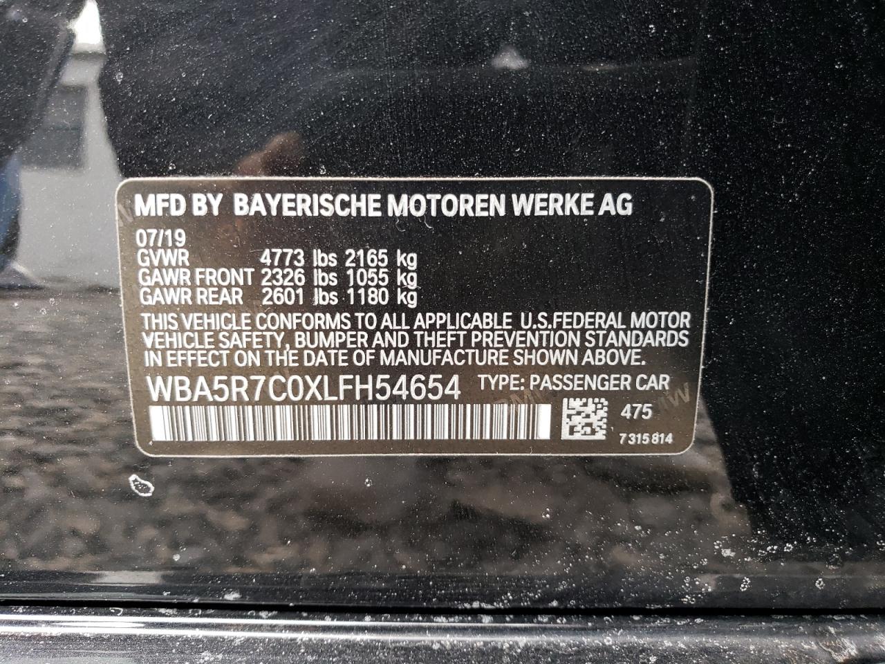 2020 BMW 3er VIN WBA5R7C0XLFH54654 Copart auction photo, front end damage thumbnail 13