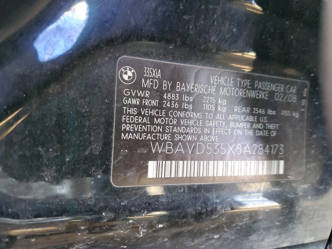 2008 BMW 3er VIN WBAVD535X8A284173 Copart auction photo, front end damage thumbnail 12
