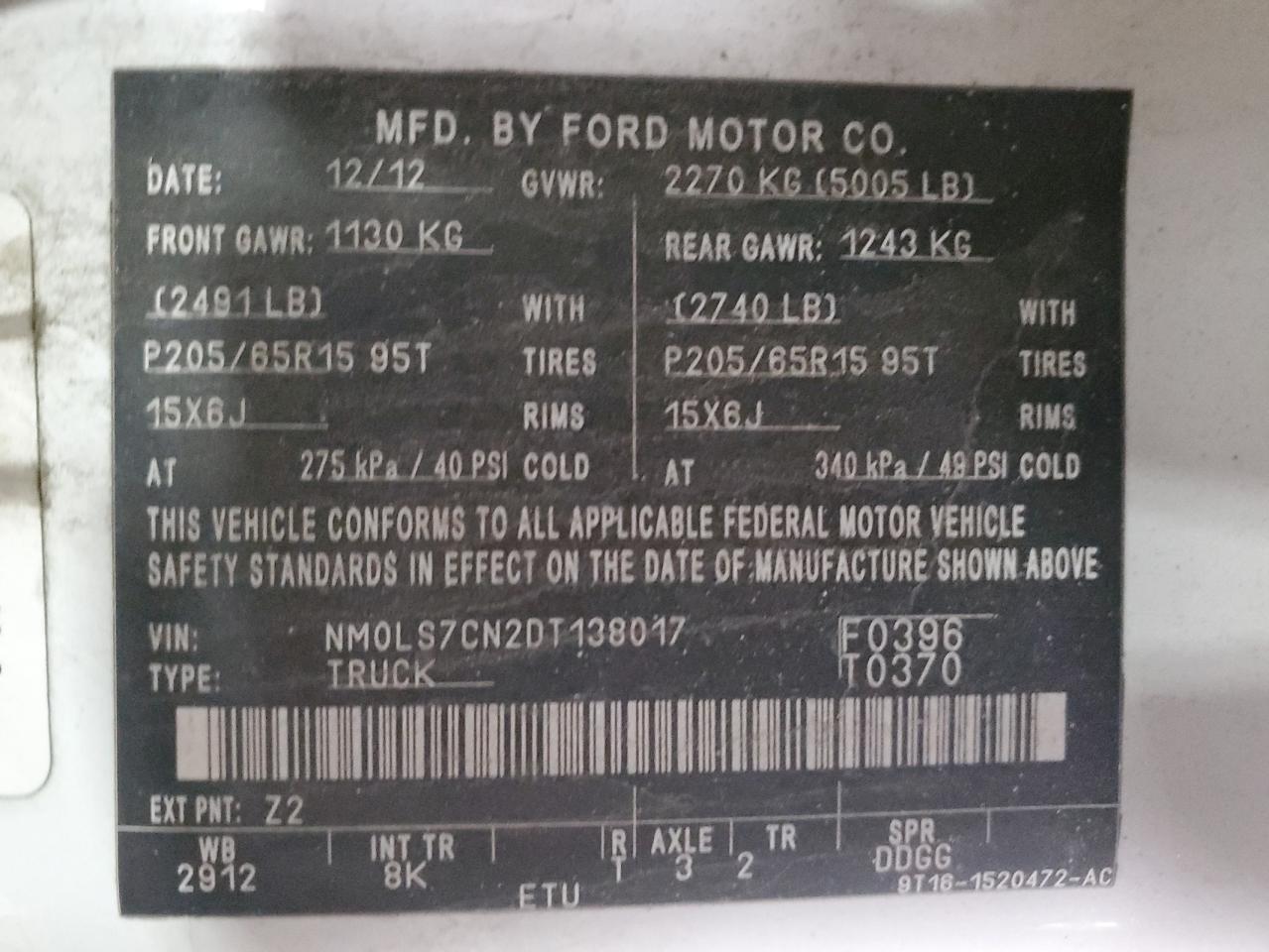 2013 Ford Transit VIN NM0LS7CN2DT138017 Copart auction photo, normal wear damage thumbnail 14