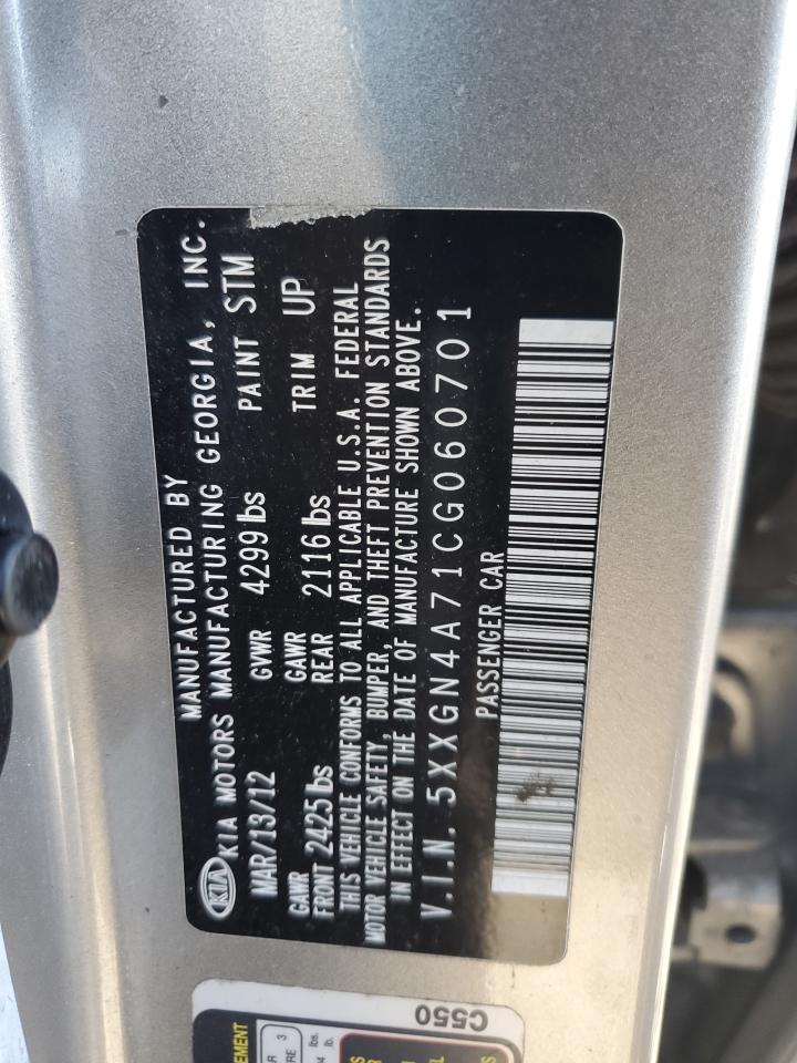 2012 KIA Optima VIN 5XXGN4A71CG060701 Copart auction photo, front end / side damage thumbnail 12
