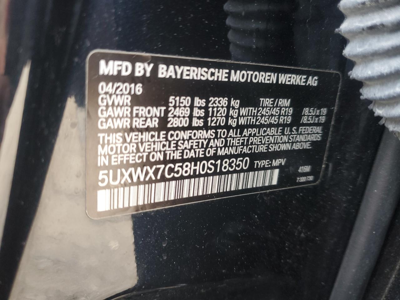 2017 BMW X3 VIN 5UXWX7C58H0S18350 Copart auction photo, front end / minor dent/scratches damage thumbnail 13