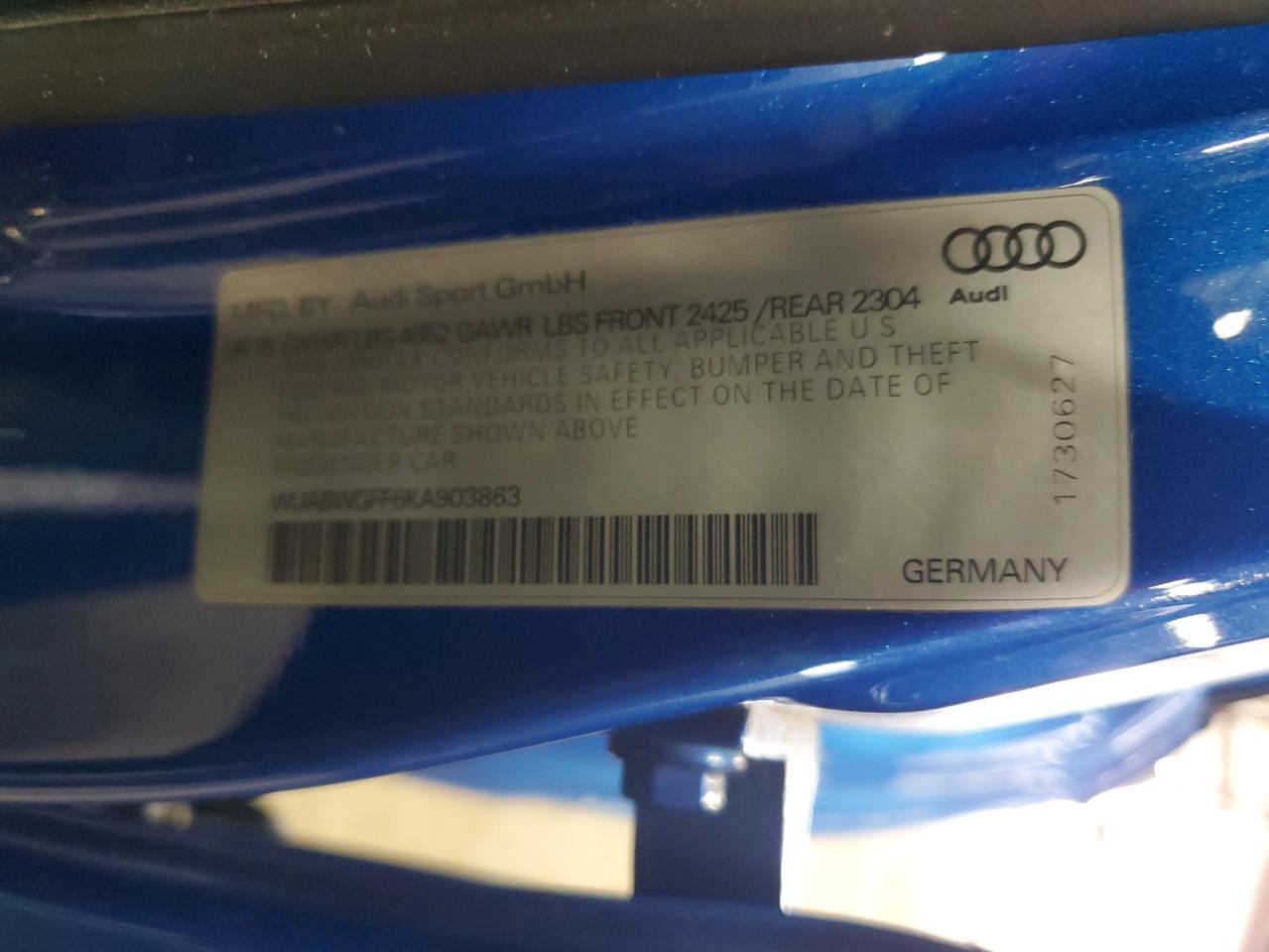 2019 Audi RS3 VIN WUABWGFF6KA903863 Copart auction photo, front end / minor dent/scratches damage thumbnail 12