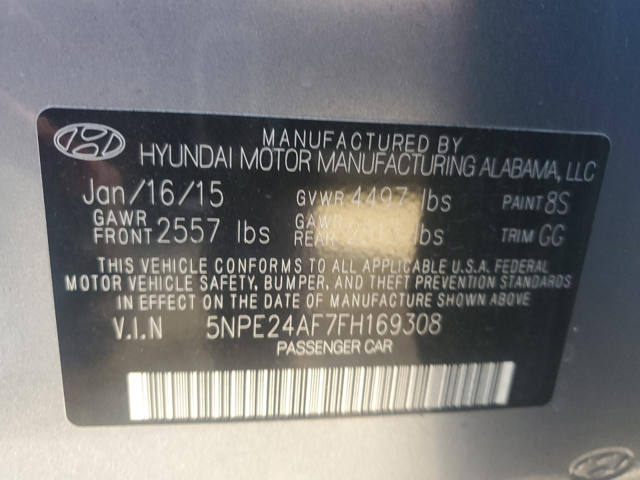 2015 Hyundai Sonata VIN 5NPE24AF7FH169308 Copart auction photo, rear end damage thumbnail 12