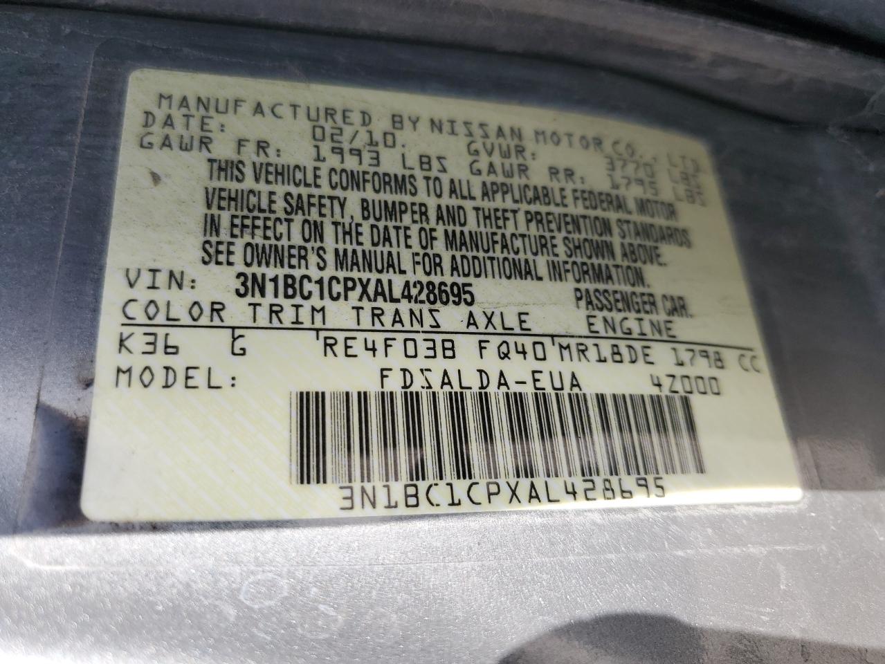 2010 Nissan Versa VIN 3N1BC1CPXAL428695 Copart auction photo, front end damage thumbnail 12
