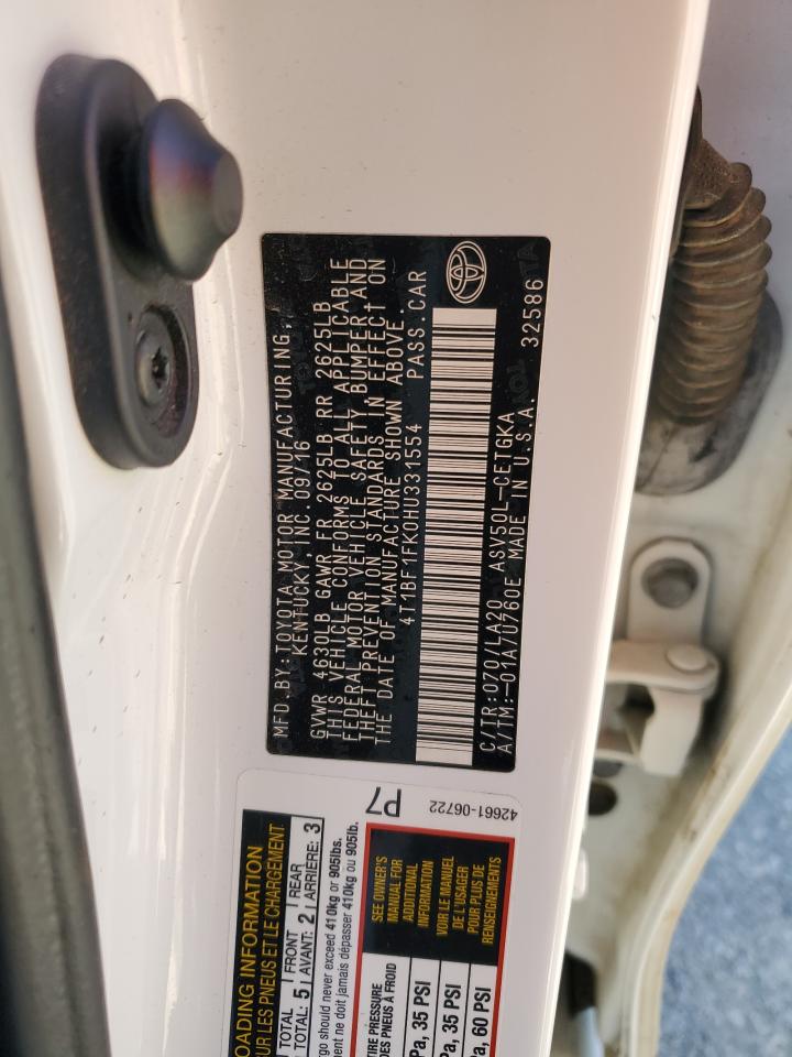 2017 Toyota Camry VIN 4T1BF1FK0HU331554 Copart auction photo, front end damage thumbnail 14