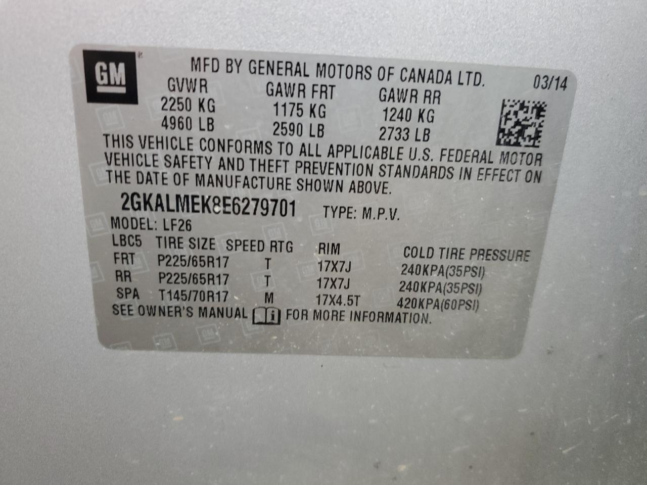 2014 GMC Terrain VIN 2GKALMEK8E6279701 Copart auction photo, front end damage thumbnail 13