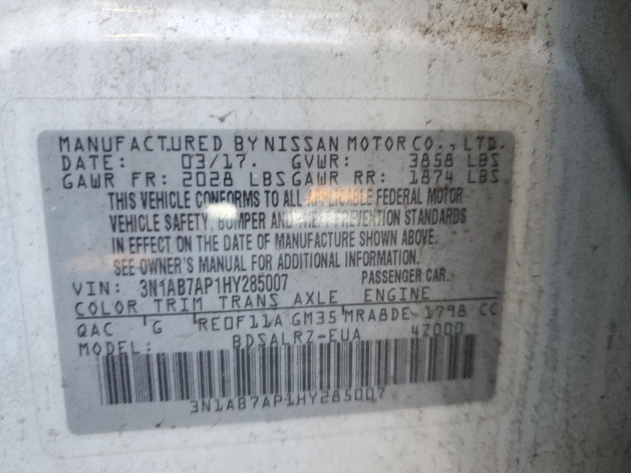 2017 Nissan Sentra VIN 3N1AB7AP1HY285007 Copart auction photo, mechanical / minor dent/scratches damage thumbnail 12