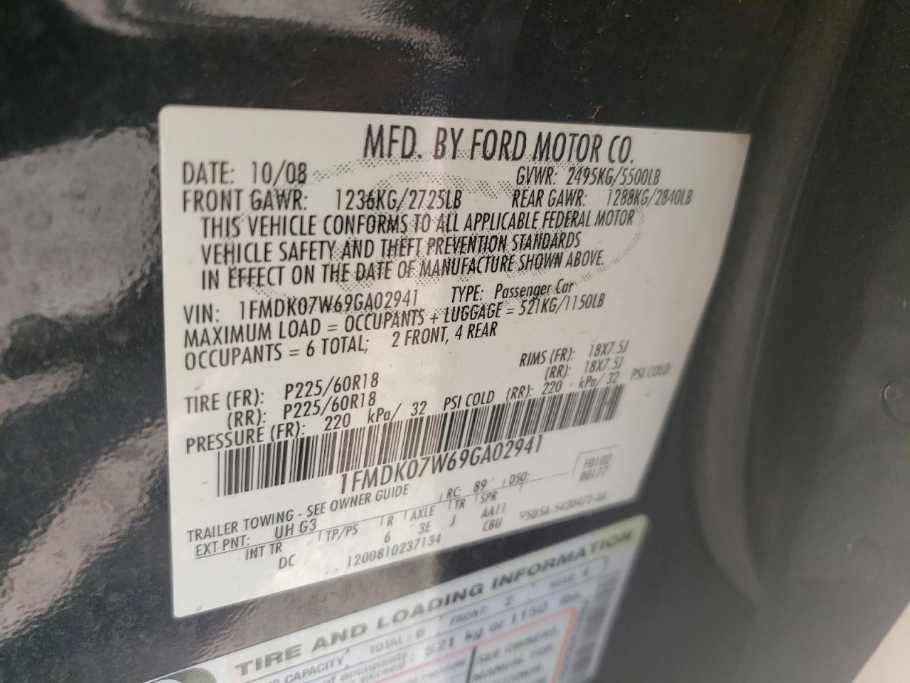 2009 Ford Taurus VIN 1FMDK07W69GA02941 Copart auction photo, rear end damage thumbnail 14