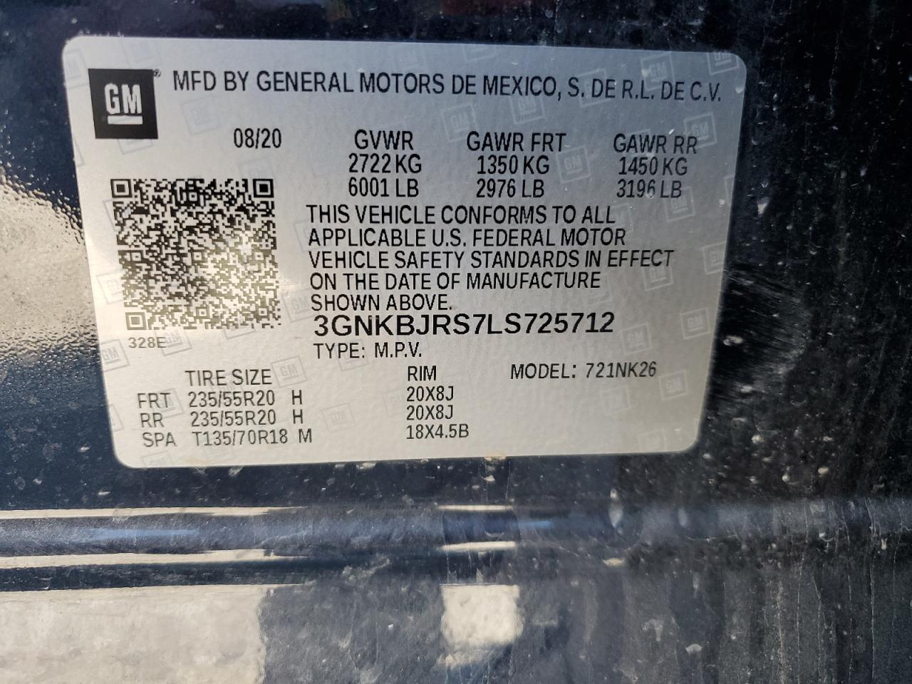 2020 Chevrolet Blazer VIN 3GNKBJRS7LS725712 Copart auction photo, front end / minor dent/scratches damage thumbnail 13