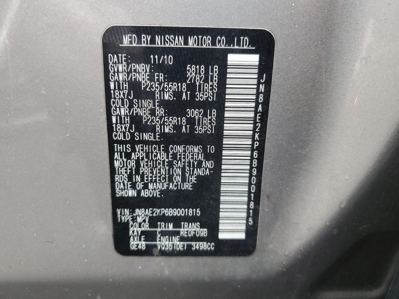 2011 Nissan Quest VIN JN8AE2KP6B9001815 Copart auction photo, side / minor dent/scratches damage thumbnail 13