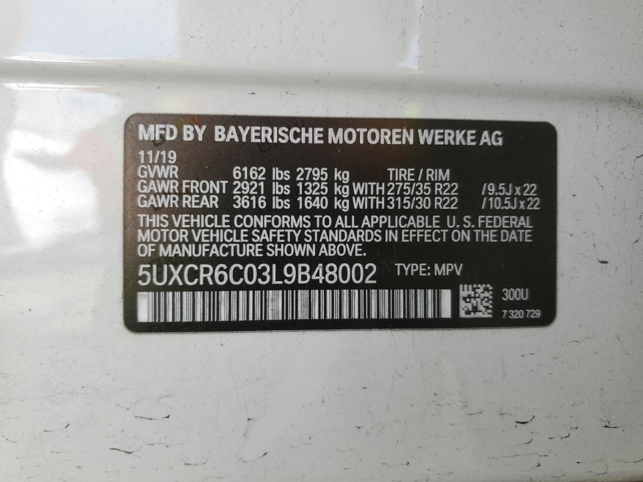 2020 BMW X5 VIN 5UXCR6C03L9B48002 Copart auction photo, front end damage thumbnail 14