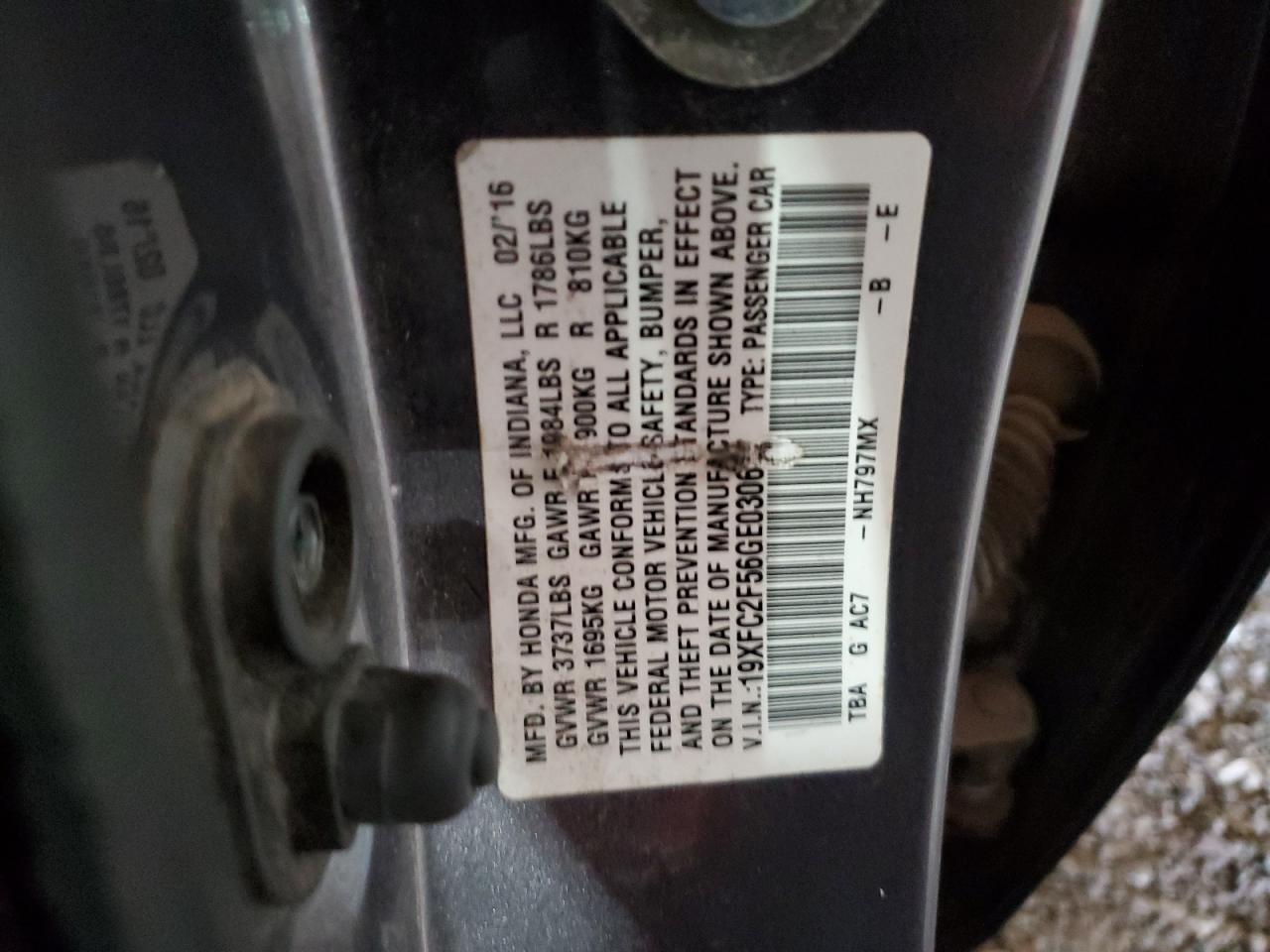2016 Honda Civic VIN 19XFC2F56GE030637 Copart auction photo, front end / rear end damage thumbnail 12