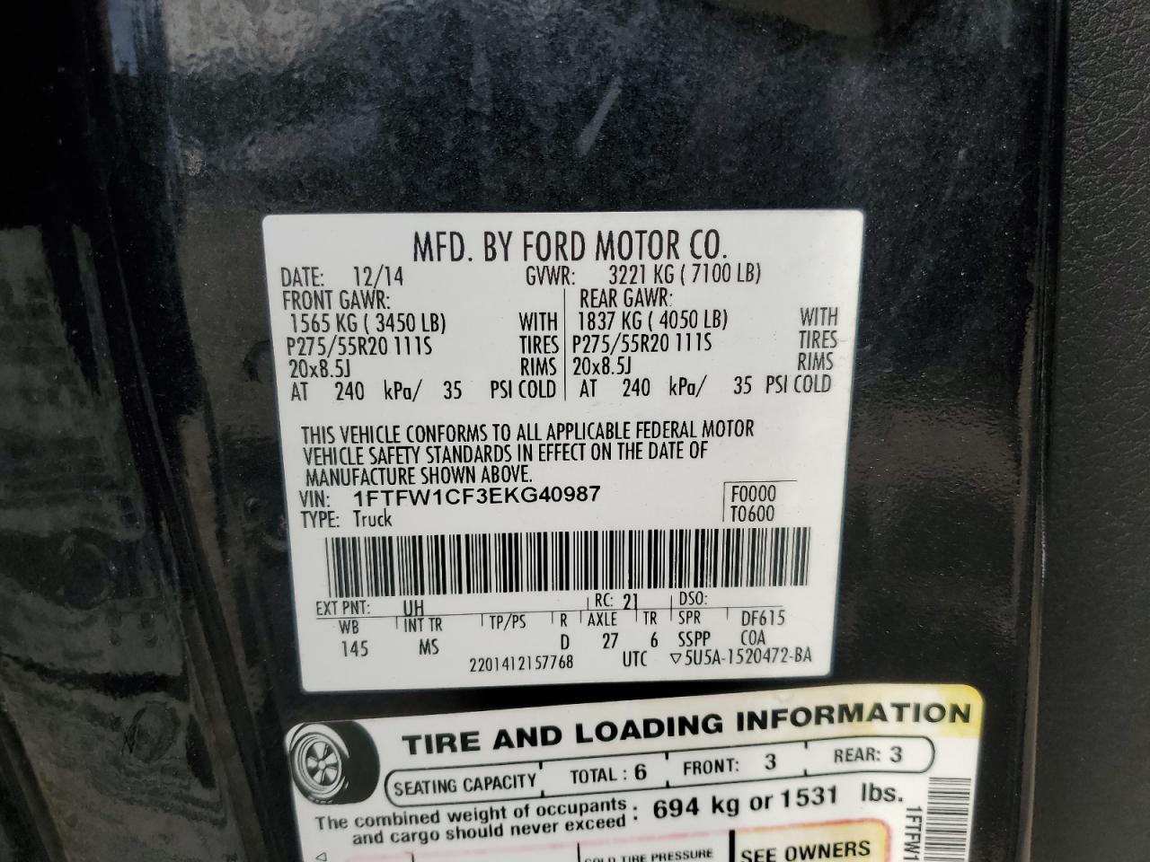2014 Ford F-150 VIN 1FTFW1CF3EKG40987 Copart auction photo, front end / undercarriage damage thumbnail 15