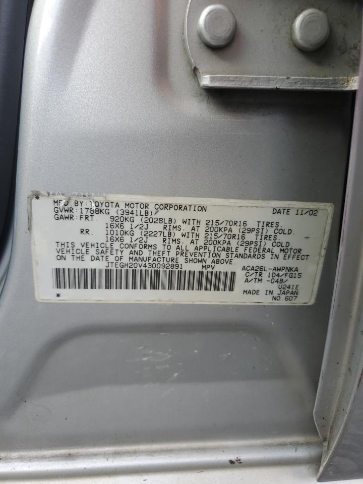 2003 Toyota RAV 4 VIN JTEGH20V430092891 Copart auction photo, water/flood damage thumbnail 14