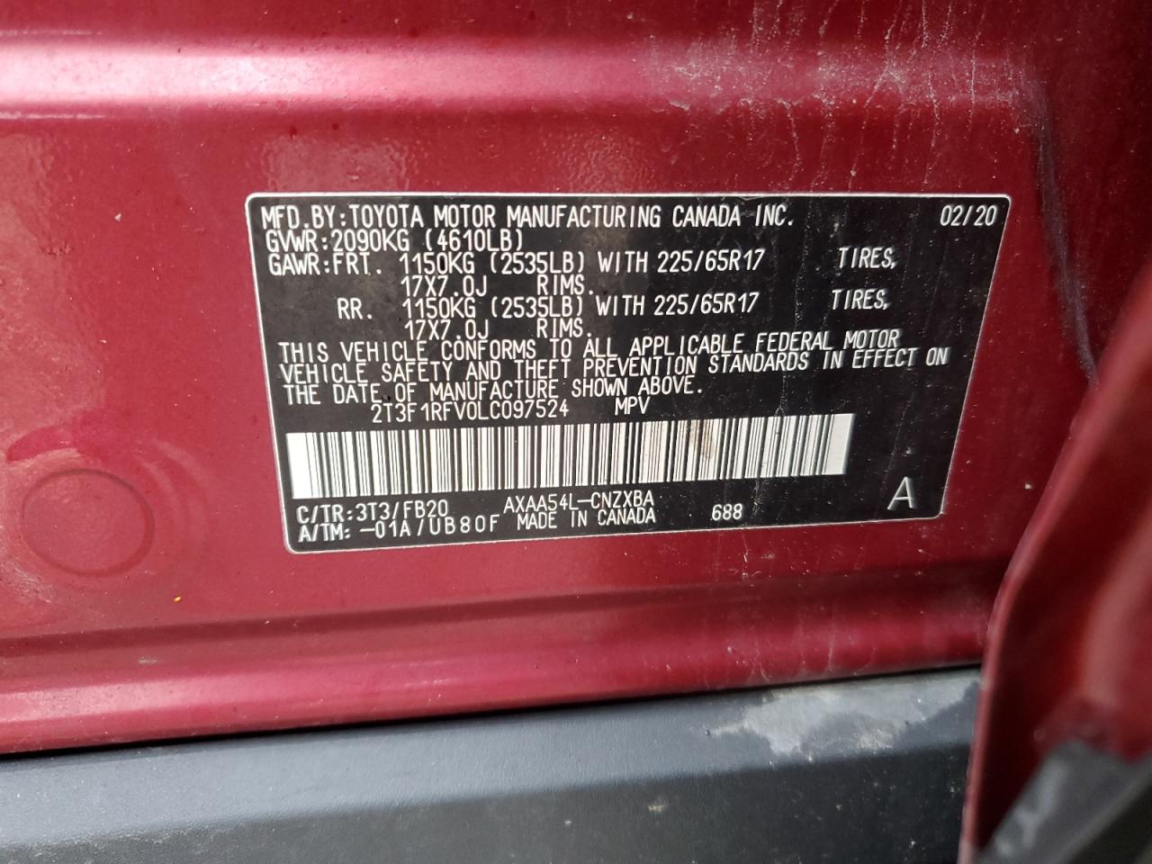 2020 Toyota RAV 4 VIN 2T3F1RFV0LC097524 Copart auction photo, front end damage thumbnail 13