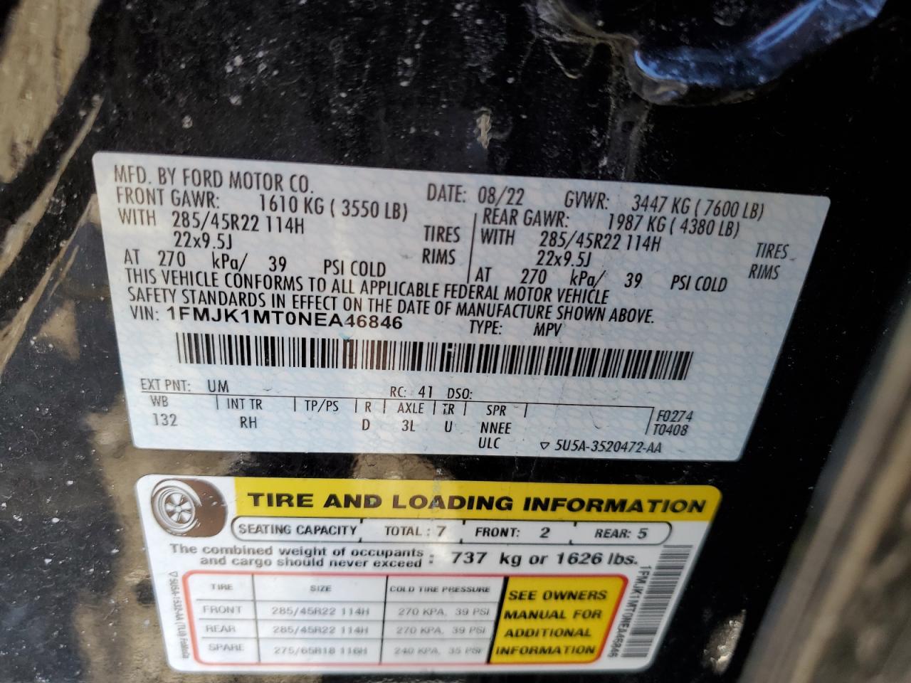 2022 Ford Expedition VIN 1FMJK1MT0NEA46846 Copart auction photo, front end / mechanical damage thumbnail 14