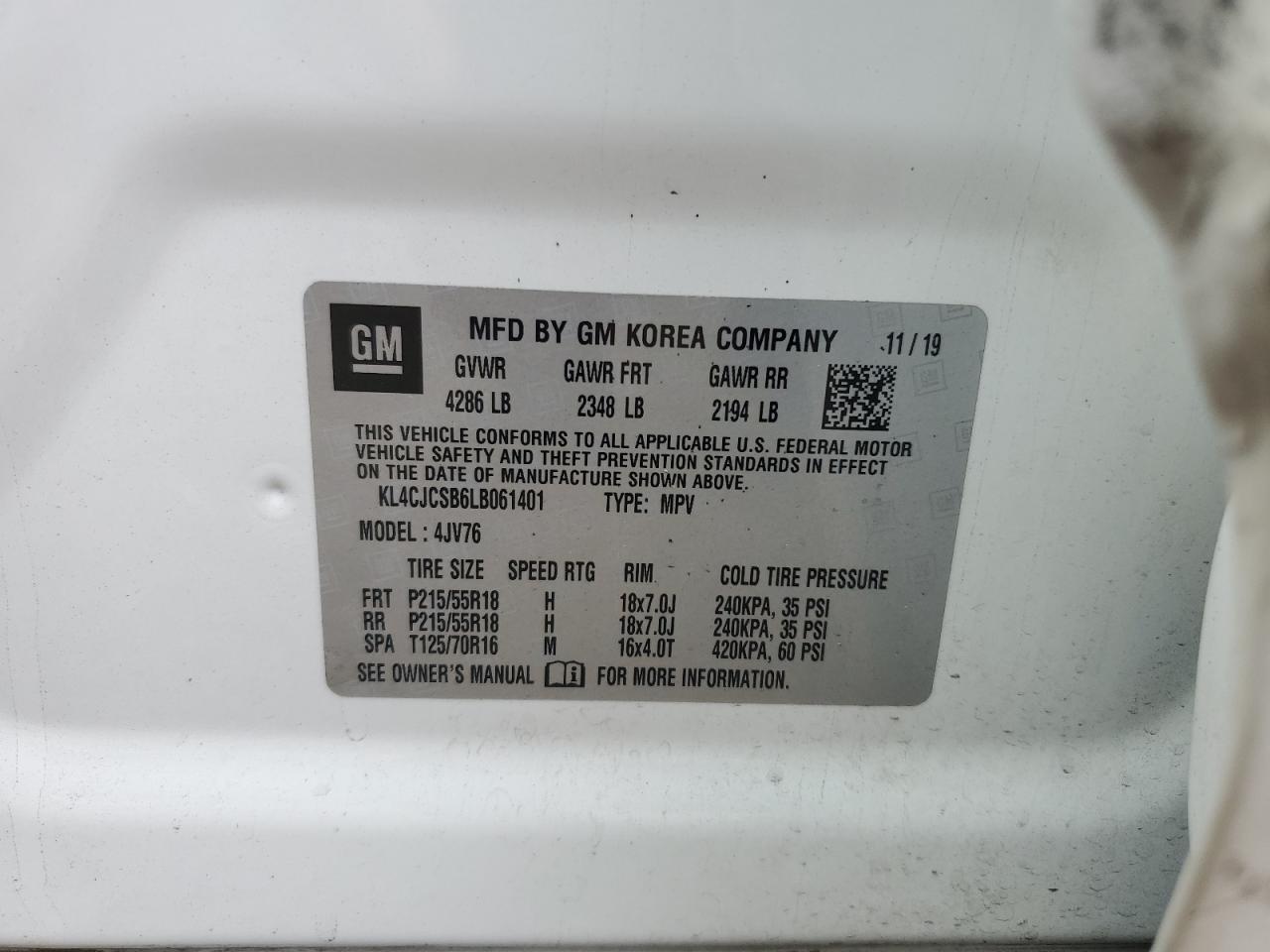 2020 Buick Encore VIN KL4CJCSB6LB061401 Copart auction photo, side / front end damage thumbnail 12