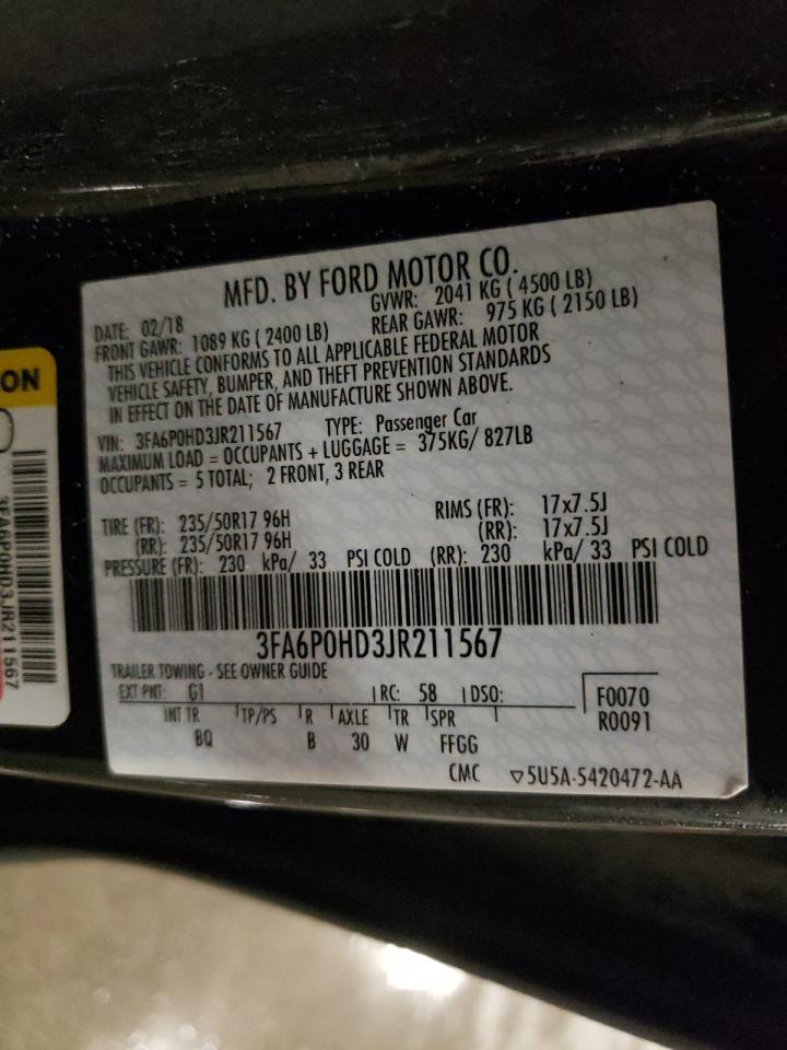 2018 Ford Fusion VIN 3FA6P0HD3JR211567 Copart auction photo, front end / side damage thumbnail 12