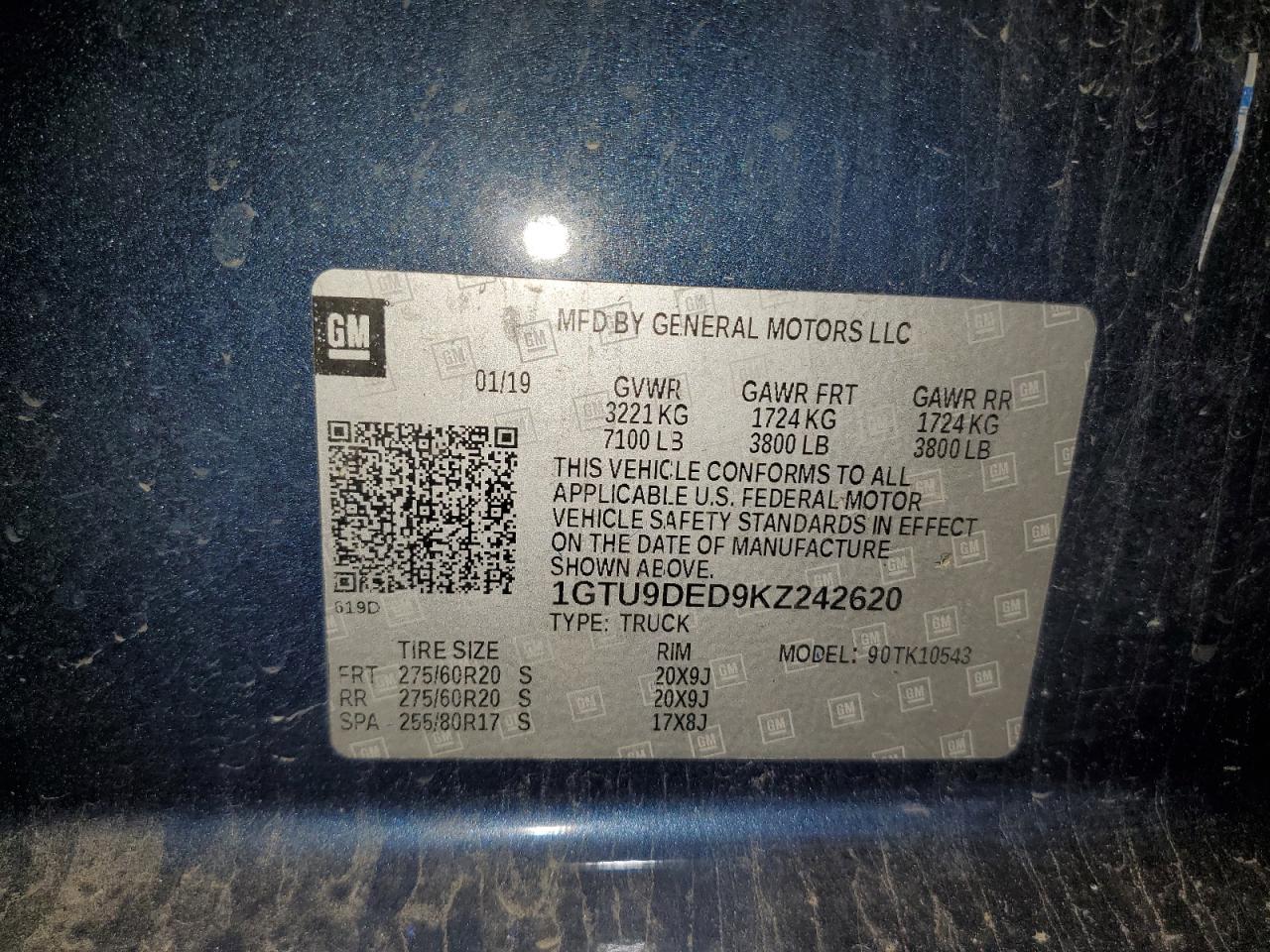 2019 GMC Sierra VIN 1GTU9DED9KZ242620 Copart auction photo, rear end / minor dent/scratches damage thumbnail 12
