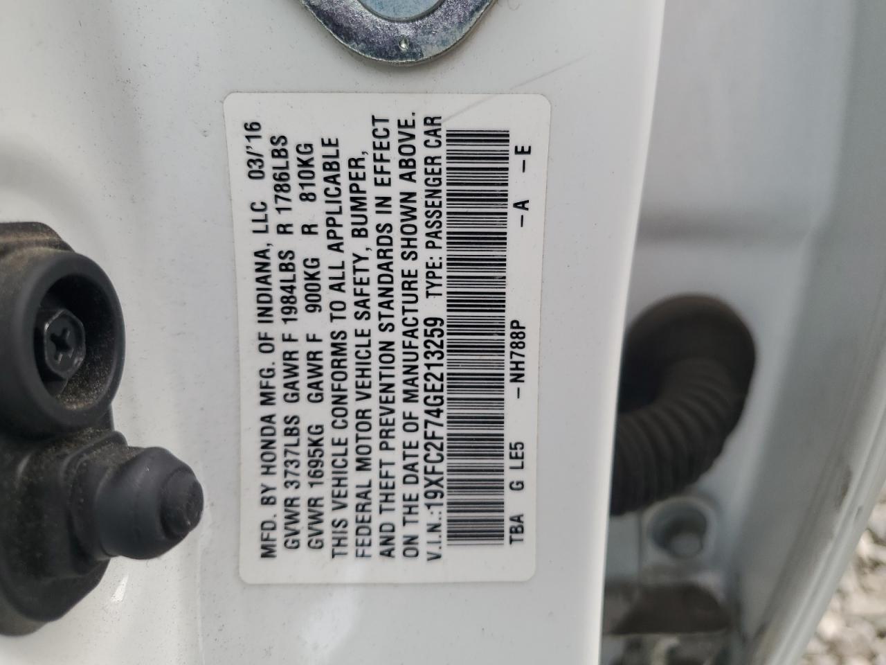 2016 Honda Civic VIN 19XFC2F74GE213259 Copart auction photo, side damage thumbnail 12