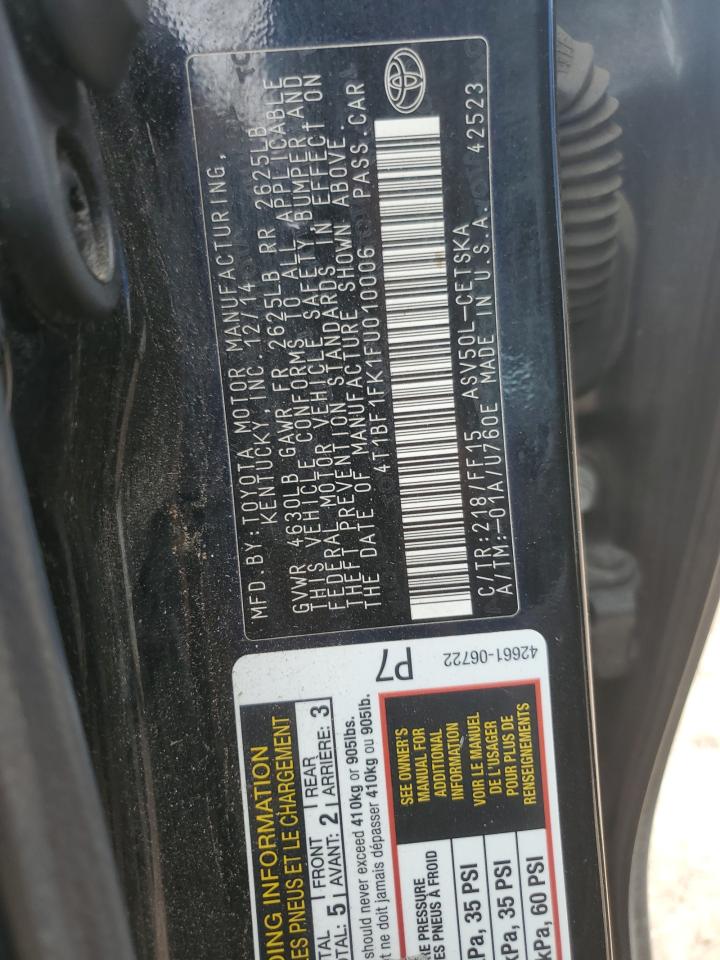 2015 Toyota Camry VIN 4T1BF1FK1FU010006 Copart auction photo, rear end / front end damage thumbnail 14