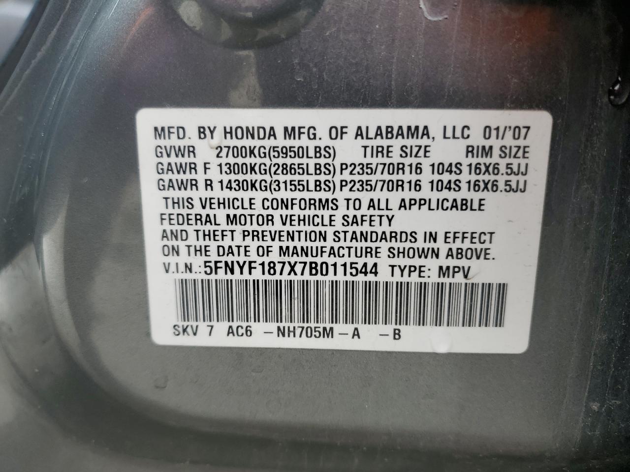 2007 Honda Pilot VIN 5FNYF187X7B011544 Copart auction photo, front end damage thumbnail 15