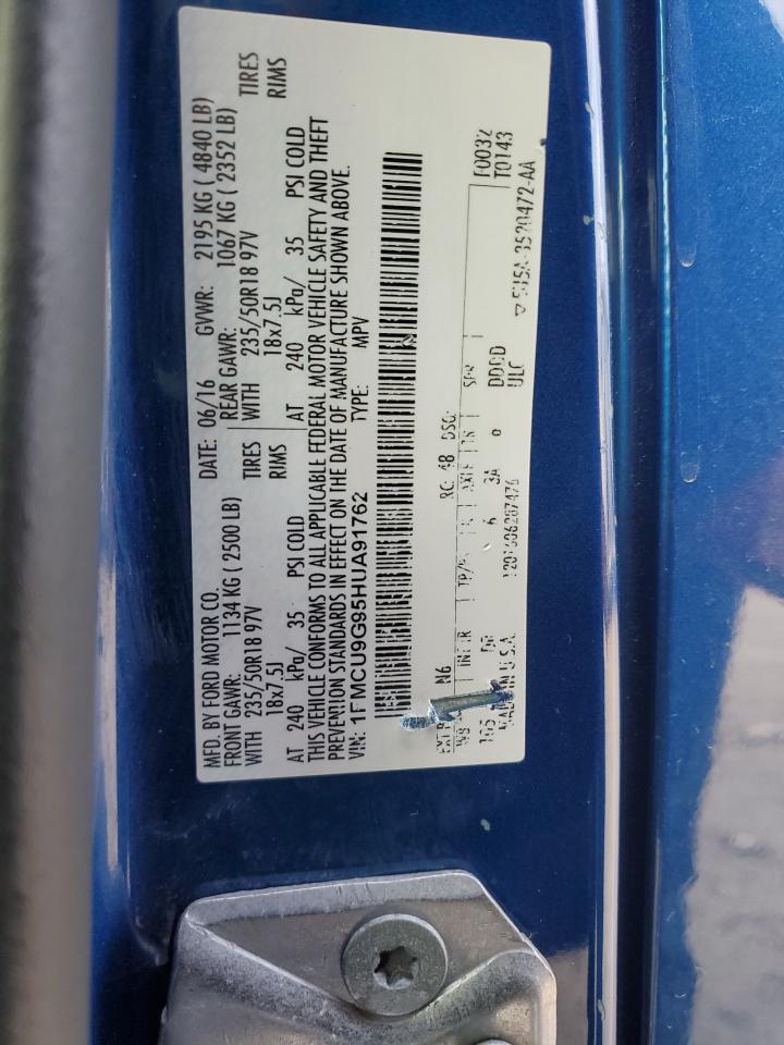 2017 Ford Escape VIN 1FMCU9G95HUA91762 Copart auction photo, rear end damage thumbnail 14