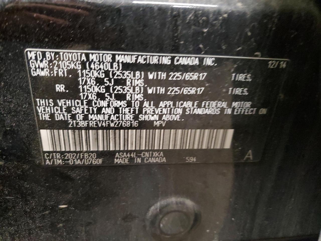 2015 Toyota RAV 4 VIN 2T3BFREV4FW276816 Copart auction photo, side damage thumbnail 13