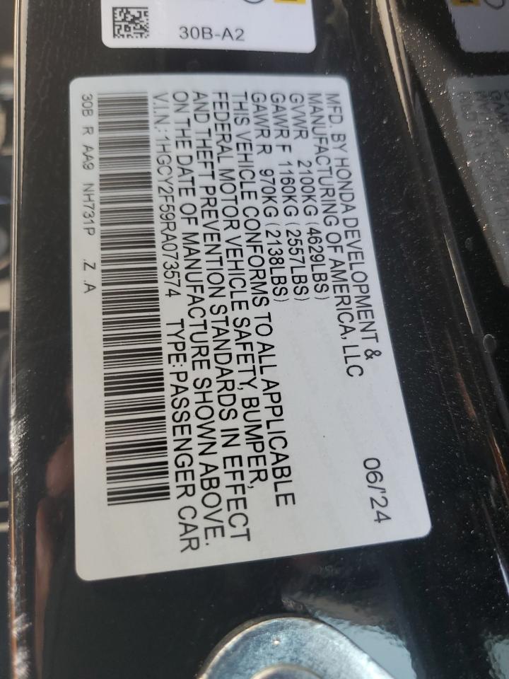 2024 Honda Accord VIN 1HGCY2F59RA073574 Copart auction photo, front end damage thumbnail 12