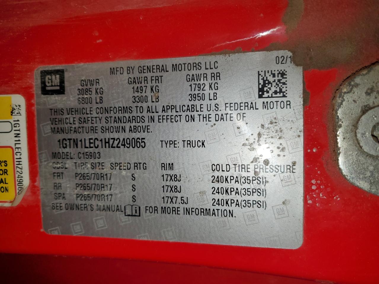 2017 GMC Sierra VIN 1GTN1LEC1HZ249065 Copart auction photo, minor dent/scratches damage thumbnail 12