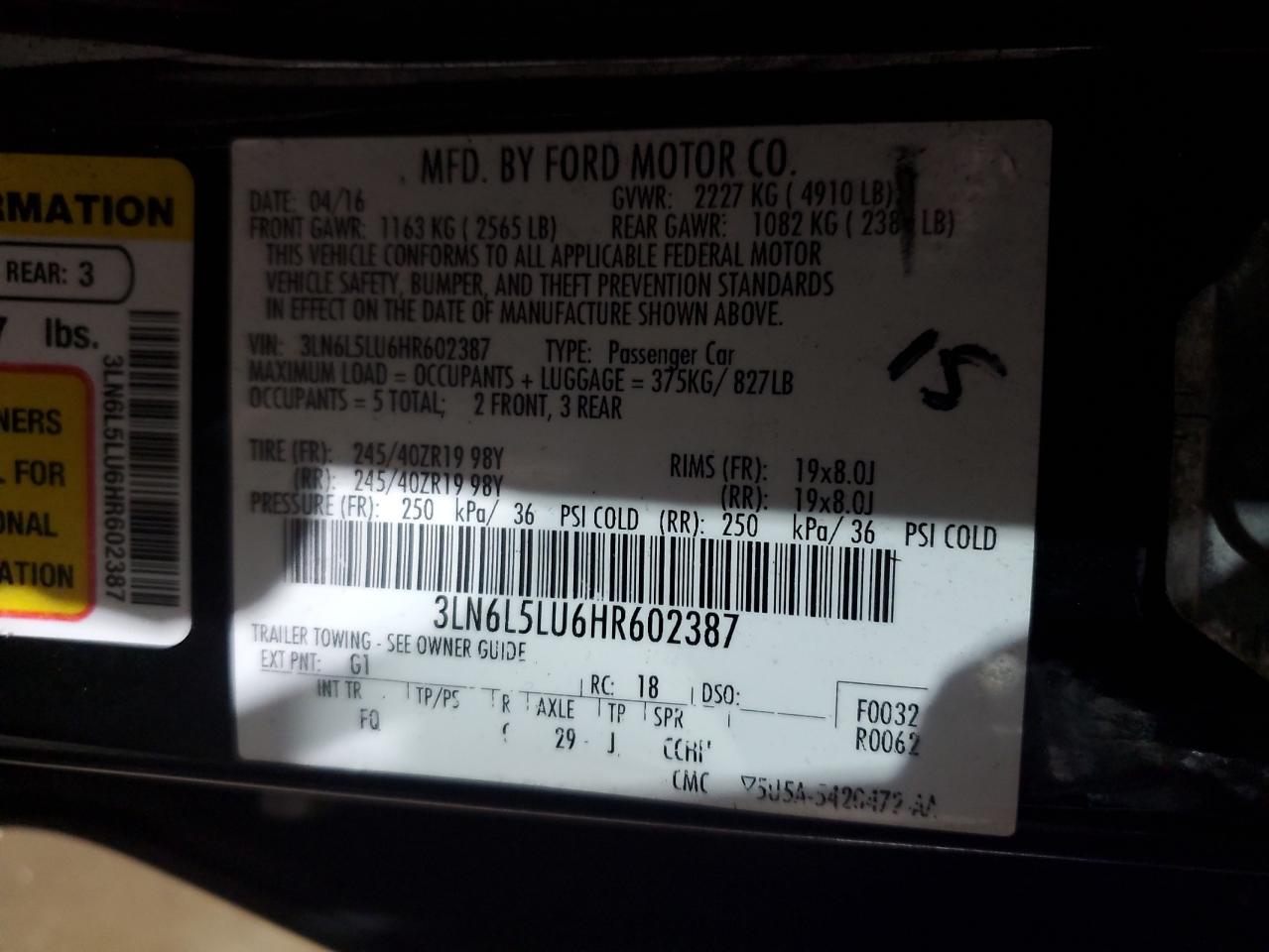 2017 Lincoln MKZ VIN 3LN6L5LU6HR602387 Copart auction photo, front end damage thumbnail 12