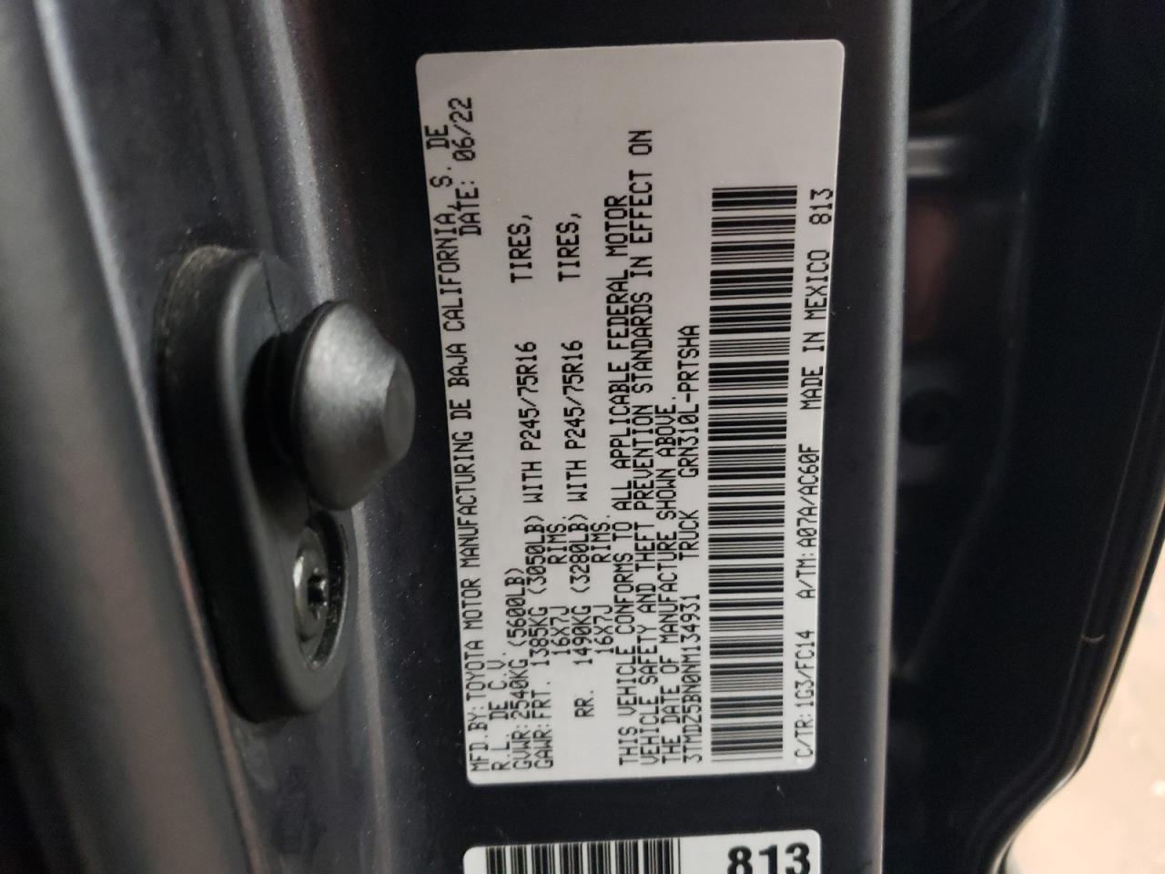 2022 Toyota Tacoma VIN 3TMDZ5BN0NM134931 Copart auction photo, front end damage thumbnail 12