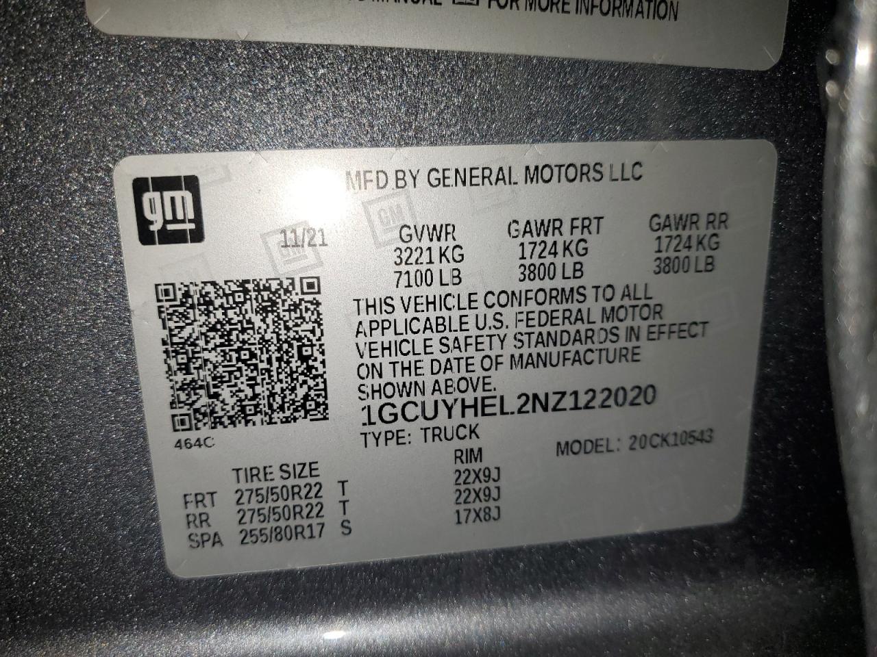 2022 Chevrolet Silverado VIN 1GCUYHEL2NZ122020 Copart auction photo, front end / side damage thumbnail 15