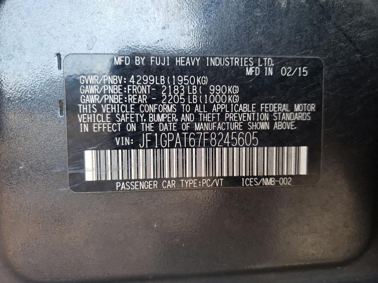 2015 Subaru Impreza VIN JF1GPAT67F8245605 Copart auction photo, rear end damage thumbnail 14