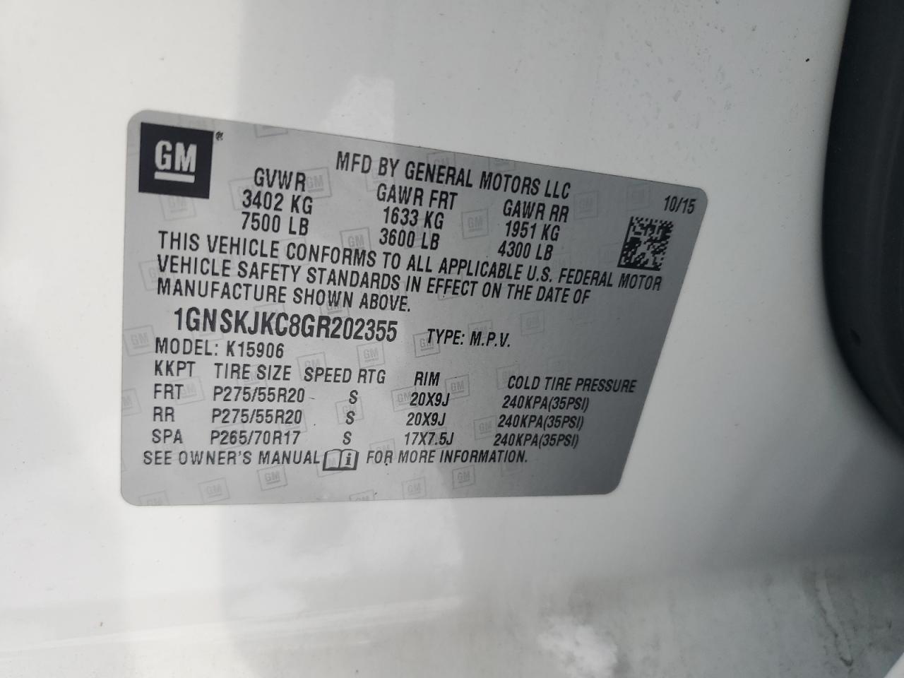 2016 Chevrolet Suburban VIN 1GNSKJKC8GR202355 Copart auction photo, front end / undercarriage damage thumbnail 13