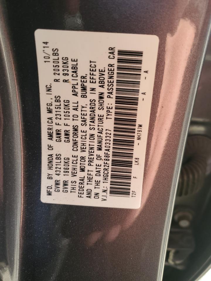 2015 Honda Accord VIN 1HGCR2F88FA033327 Copart auction photo, front end / side damage thumbnail 12