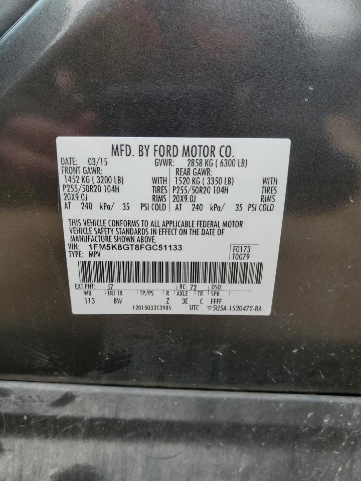 2015 Ford Explorer VIN 1FM5K8GT8FGC51133 Copart auction photo, front end damage thumbnail 15