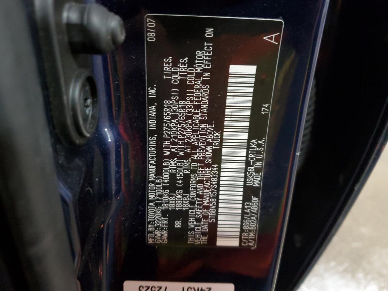 2007 Toyota Tundra VIN 5TBBV58157S483344 Copart auction photo, front end / undercarriage damage thumbnail 14